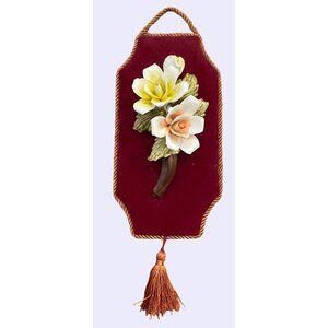 Vintage Italian Wall Plaque With Porcelain Flowers & Velvet Backing